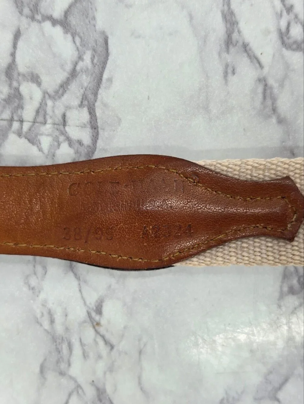 Vintage Cole Haan Men's Woven Cream Belt with Brown Leather Silver Tone Buckle